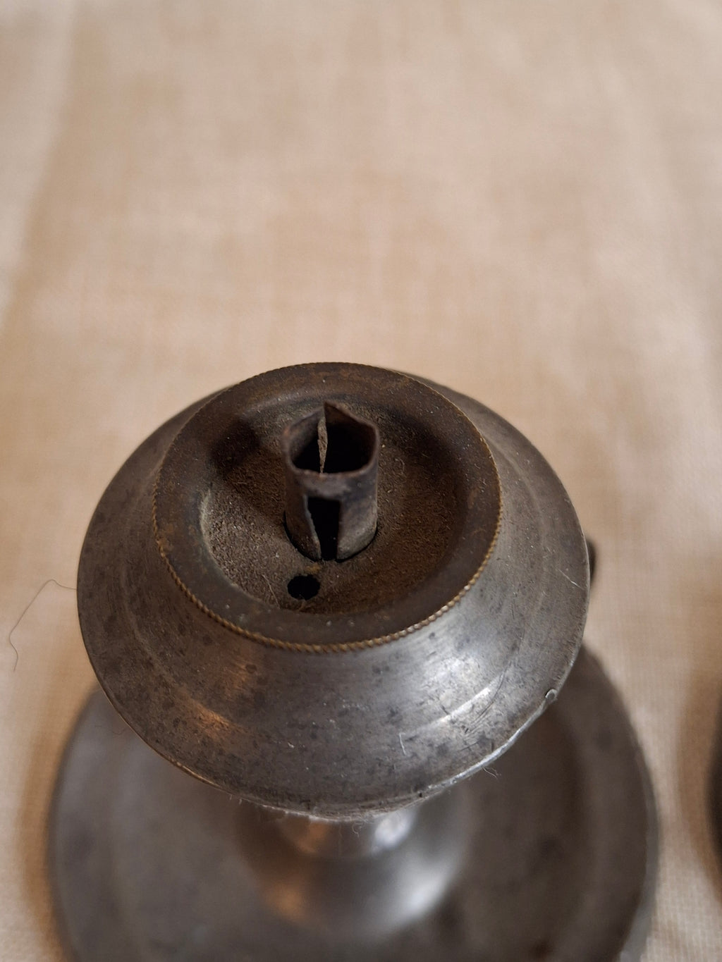 Pair Antique Miniature Pewter Whale Oil Finger Lamps Single Tube Burners c. 1830-1850
