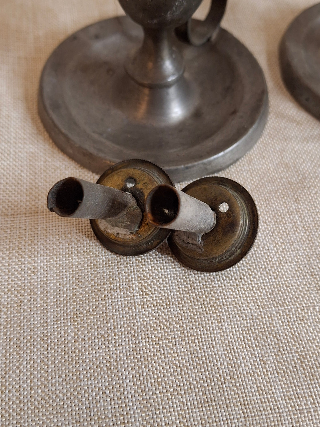 Pair Antique Miniature Pewter Whale Oil Finger Lamps Single Tube Burners c. 1830-1850