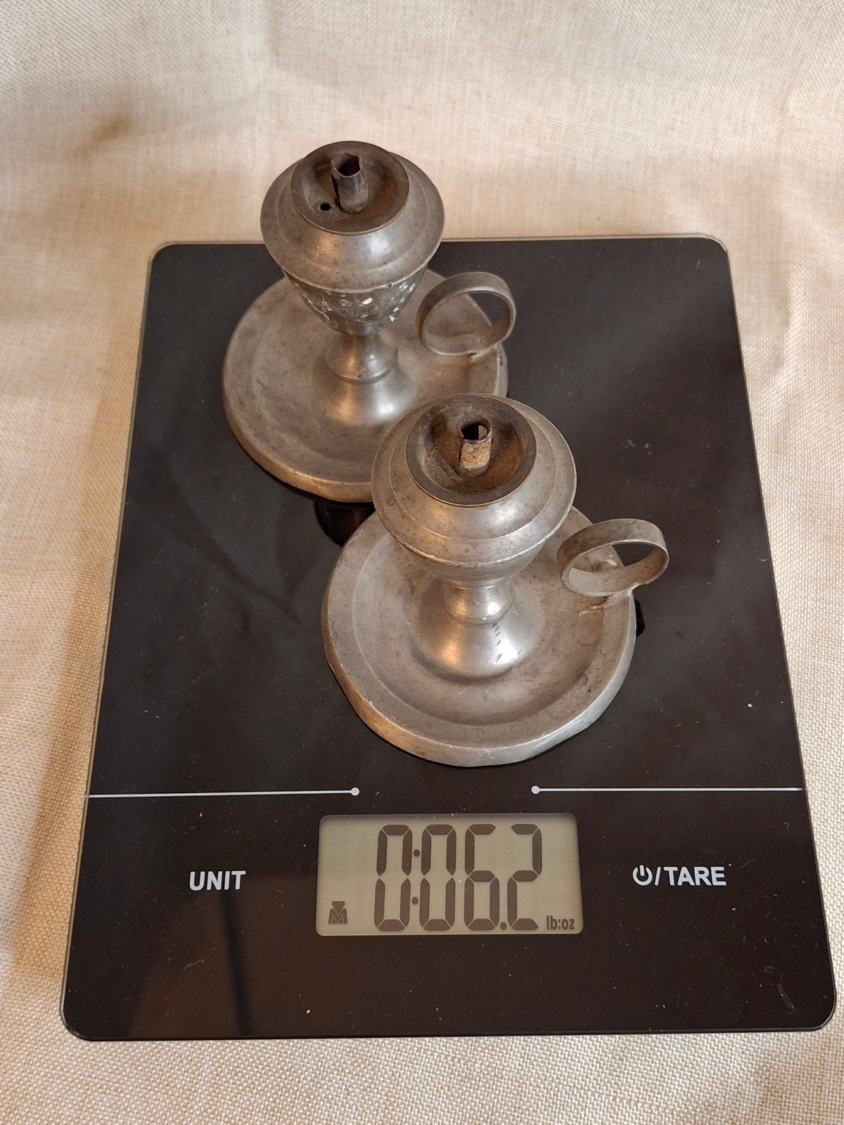 Pair Antique Miniature Pewter Whale Oil Finger Lamps Single Tube Burners c. 1830-1850