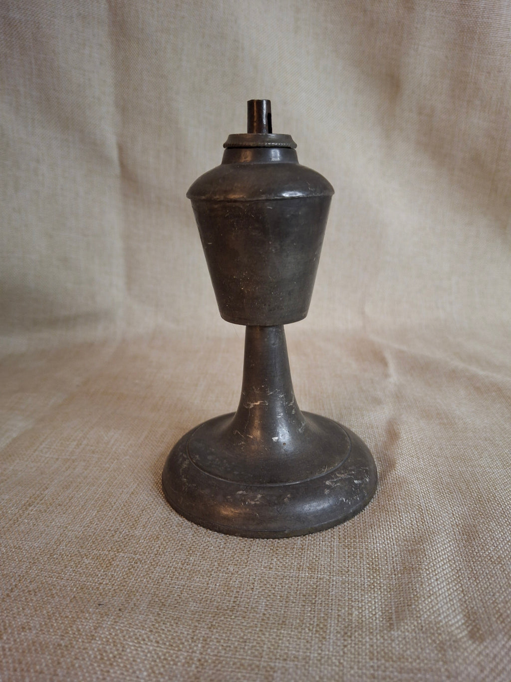 Antique Miniature Pewter Whale Oil Lamp Single Tube Burner Early American Stand Lamp 1840s