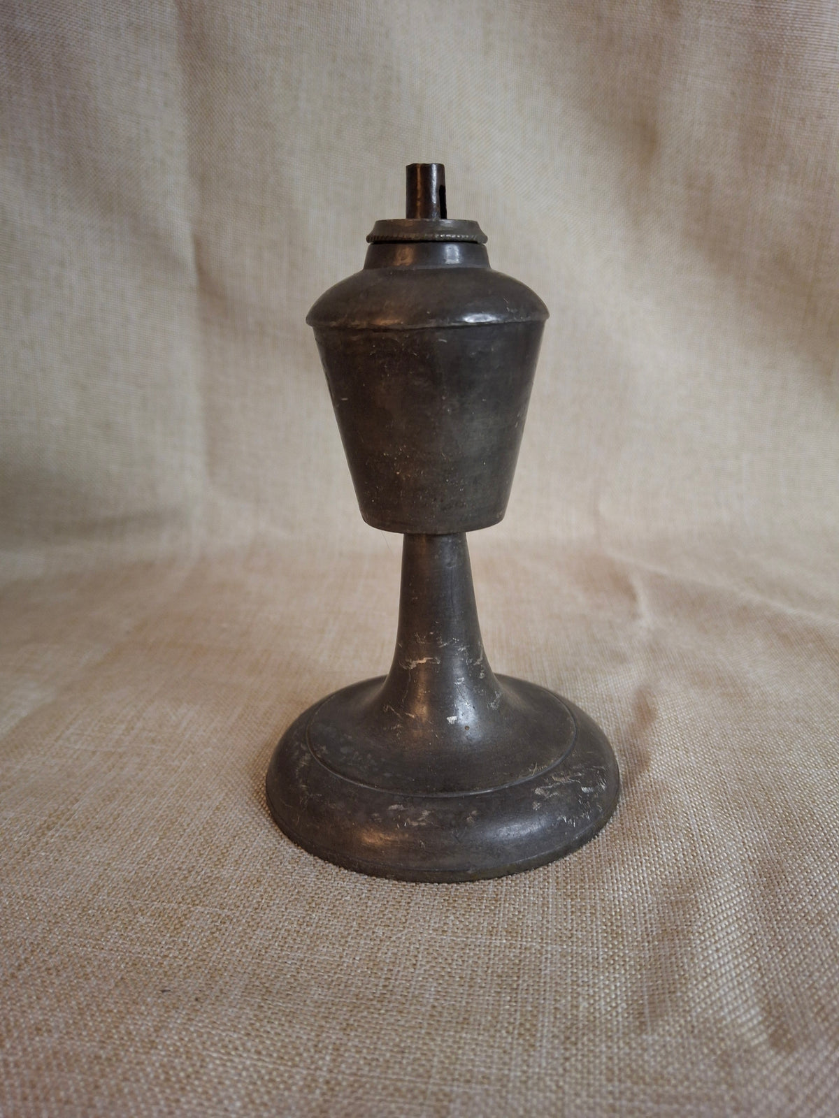Antique Miniature Pewter Whale Oil Lamp Single Tube Burner Early American Stand Lamp 1840s