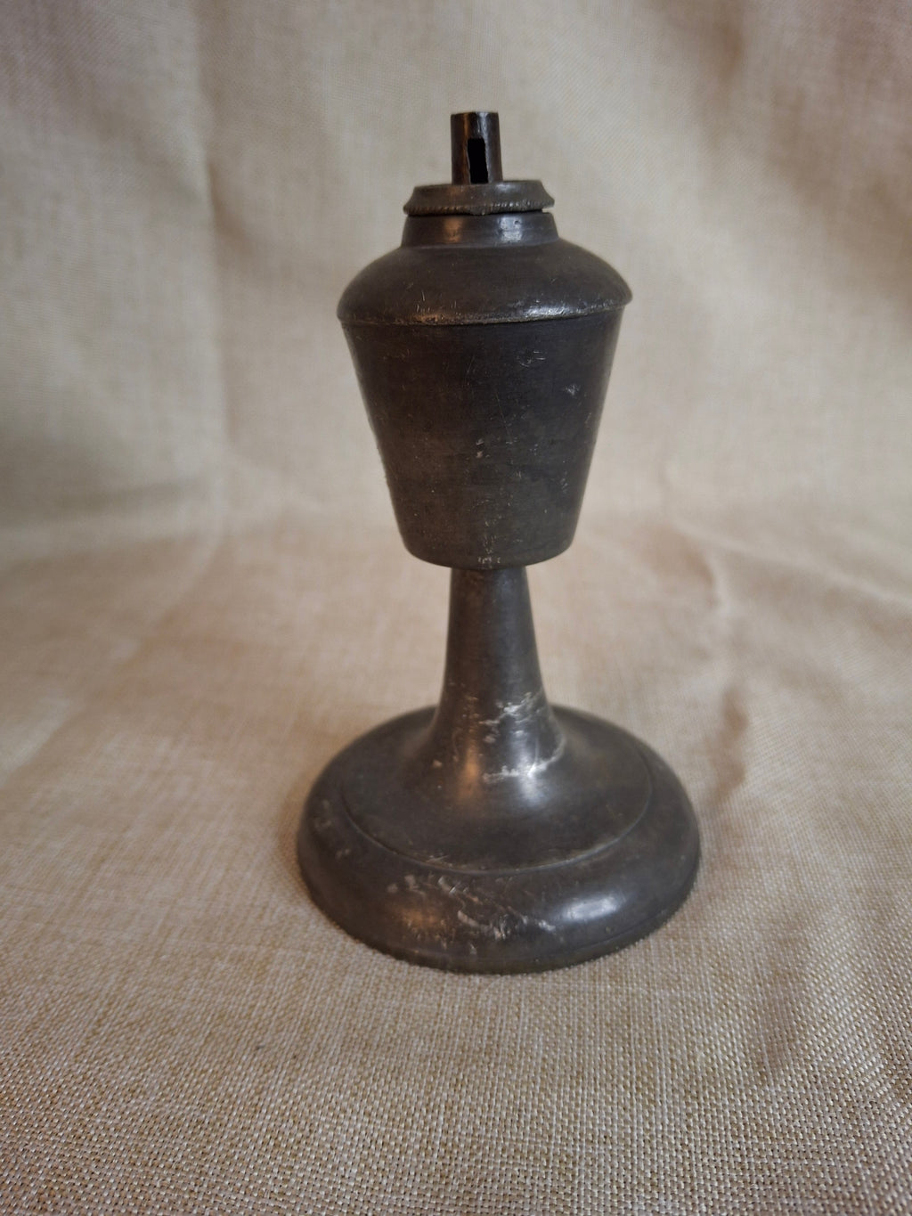 Antique Miniature Pewter Whale Oil Lamp Single Tube Burner Early American Stand Lamp 1840s