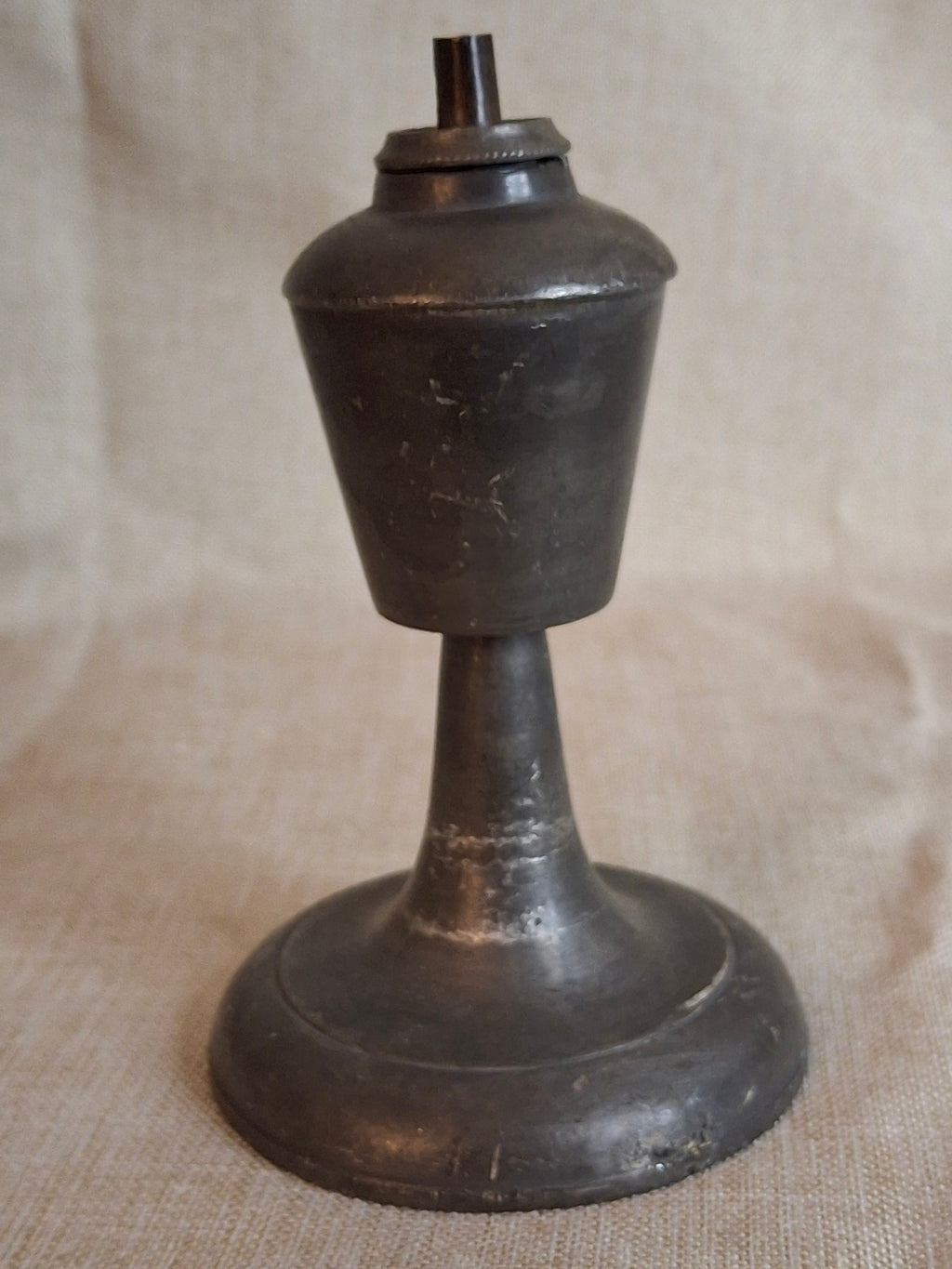 Antique Miniature Pewter Whale Oil Lamp Single Tube Burner Early American Stand Lamp 1840s
