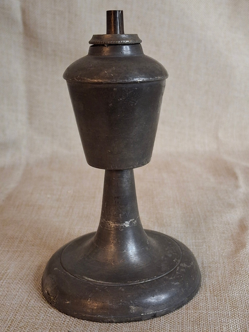Antique Miniature Pewter Whale Oil Lamp Single Tube Burner Early American Stand Lamp 1840s