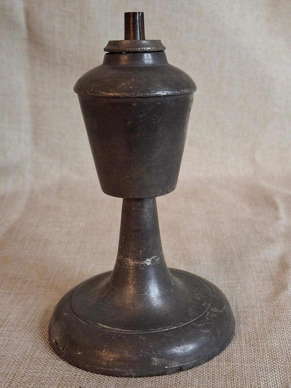 Antique Miniature Pewter Whale Oil Lamp Single Tube Burner Early American Stand Lamp 1840s