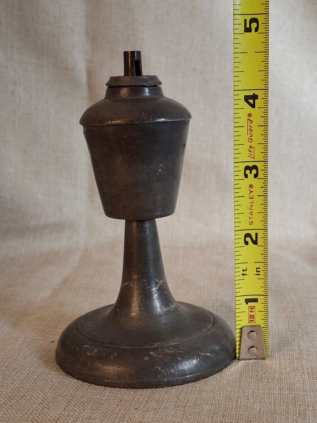 Antique Miniature Pewter Whale Oil Lamp Single Tube Burner Early American Stand Lamp 1840s