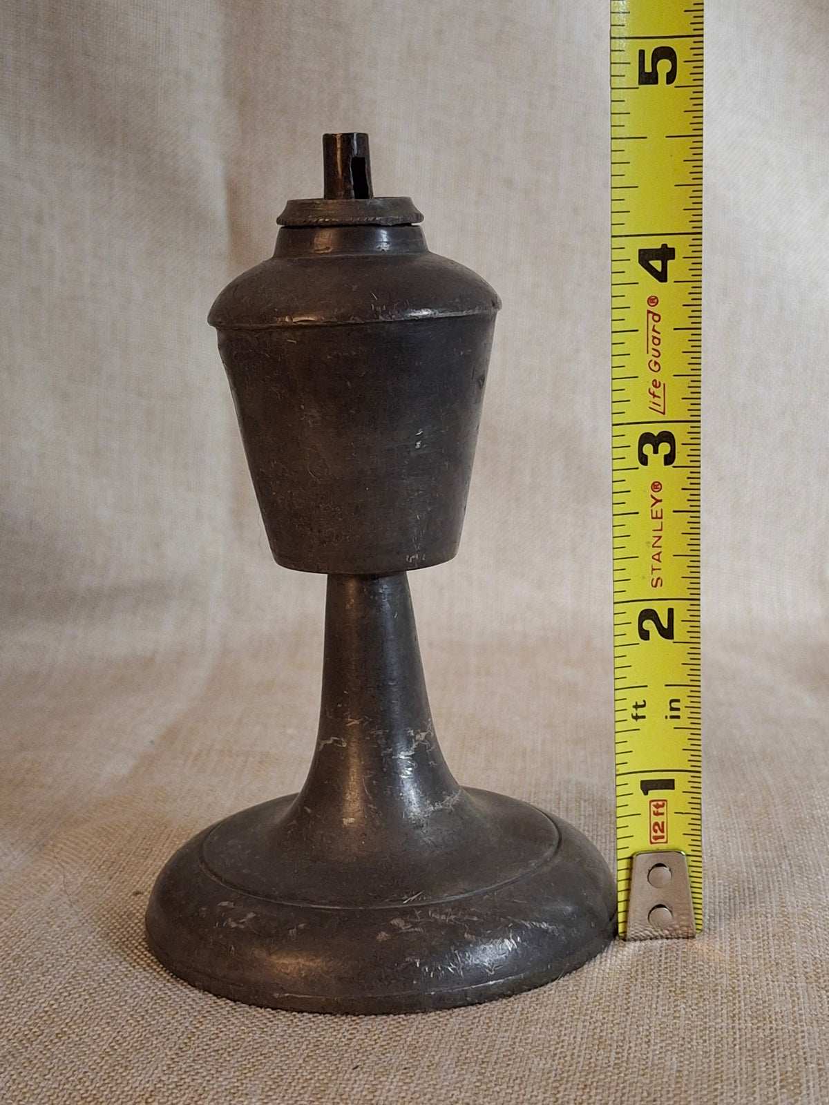 Antique Miniature Pewter Whale Oil Lamp Single Tube Burner Early American Stand Lamp 1840s
