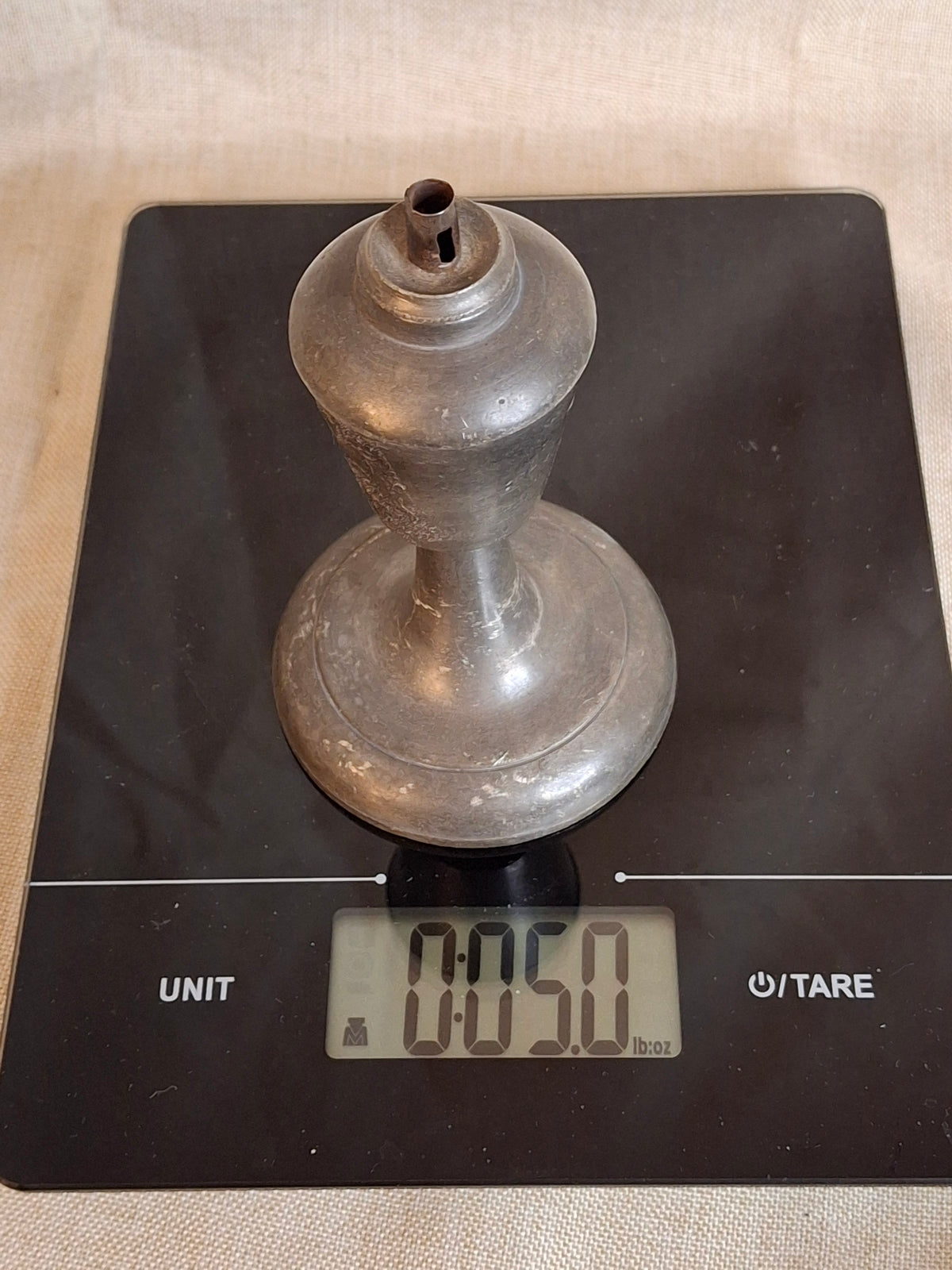 Antique Miniature Pewter Whale Oil Lamp Single Tube Burner Early American Stand Lamp 1840s