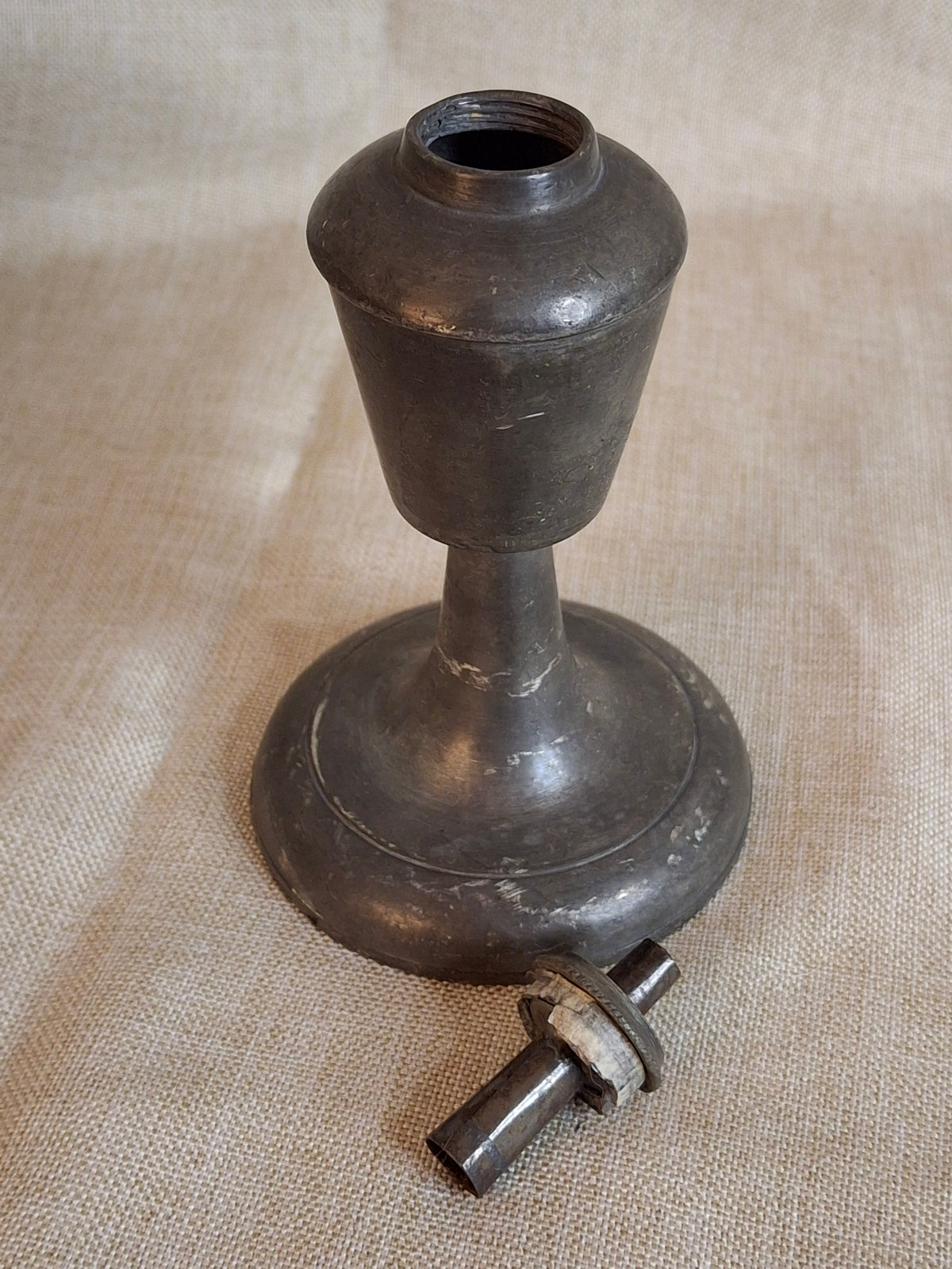 Antique Miniature Pewter Whale Oil Lamp Single Tube Burner Early American Stand Lamp 1840s