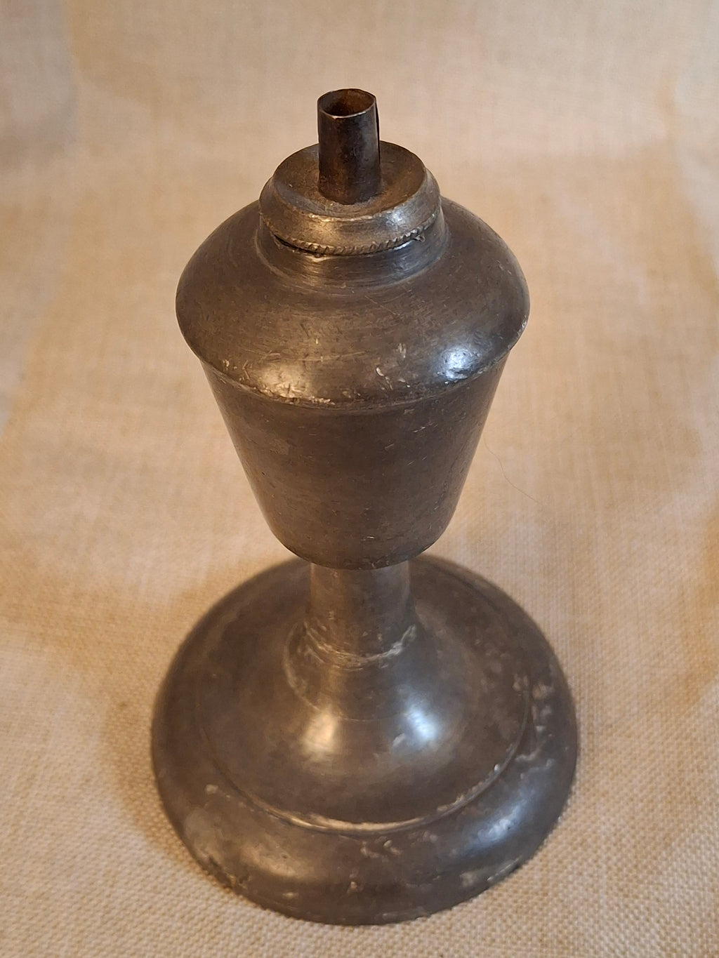 Antique Miniature Pewter Whale Oil Lamp Single Tube Burner Early American Stand Lamp 1840s