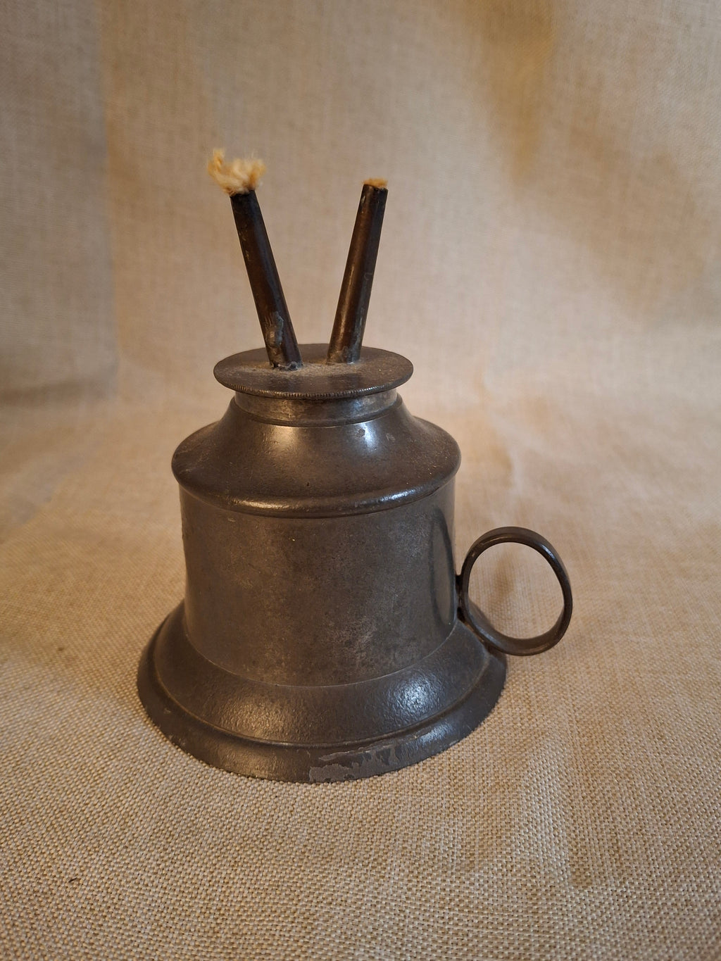 Antique 1840s Pewter Bell Finger Lamp Double Tube Camphene Whale Oil Burner 4.5"