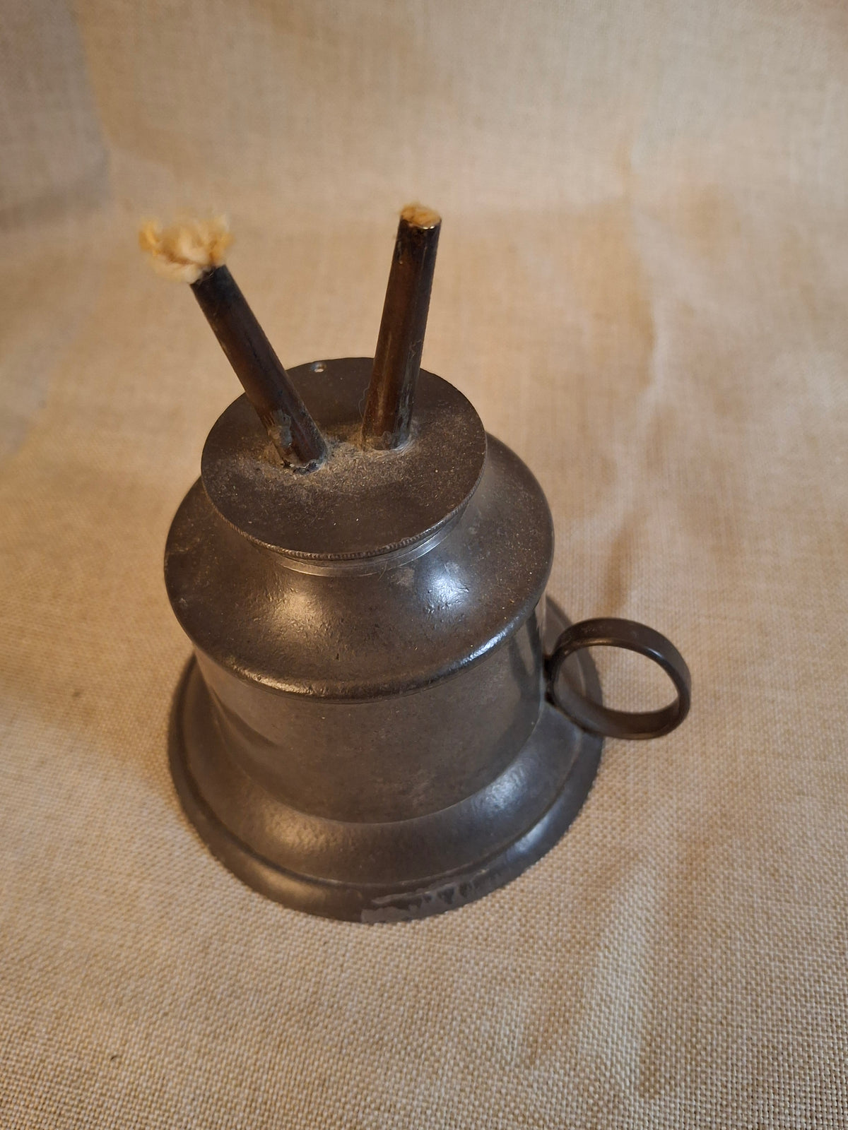 Antique 1840s Pewter Bell Finger Lamp Double Tube Camphene Whale Oil Burner 4.5"