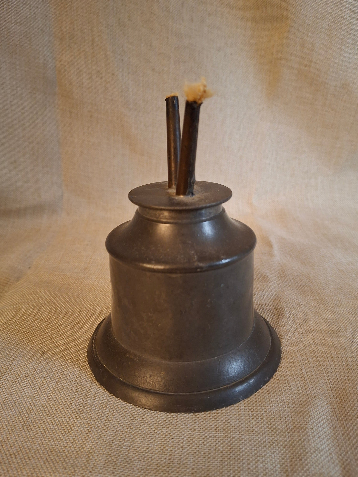 Antique 1840s Pewter Bell Finger Lamp Double Tube Camphene Whale Oil Burner 4.5"