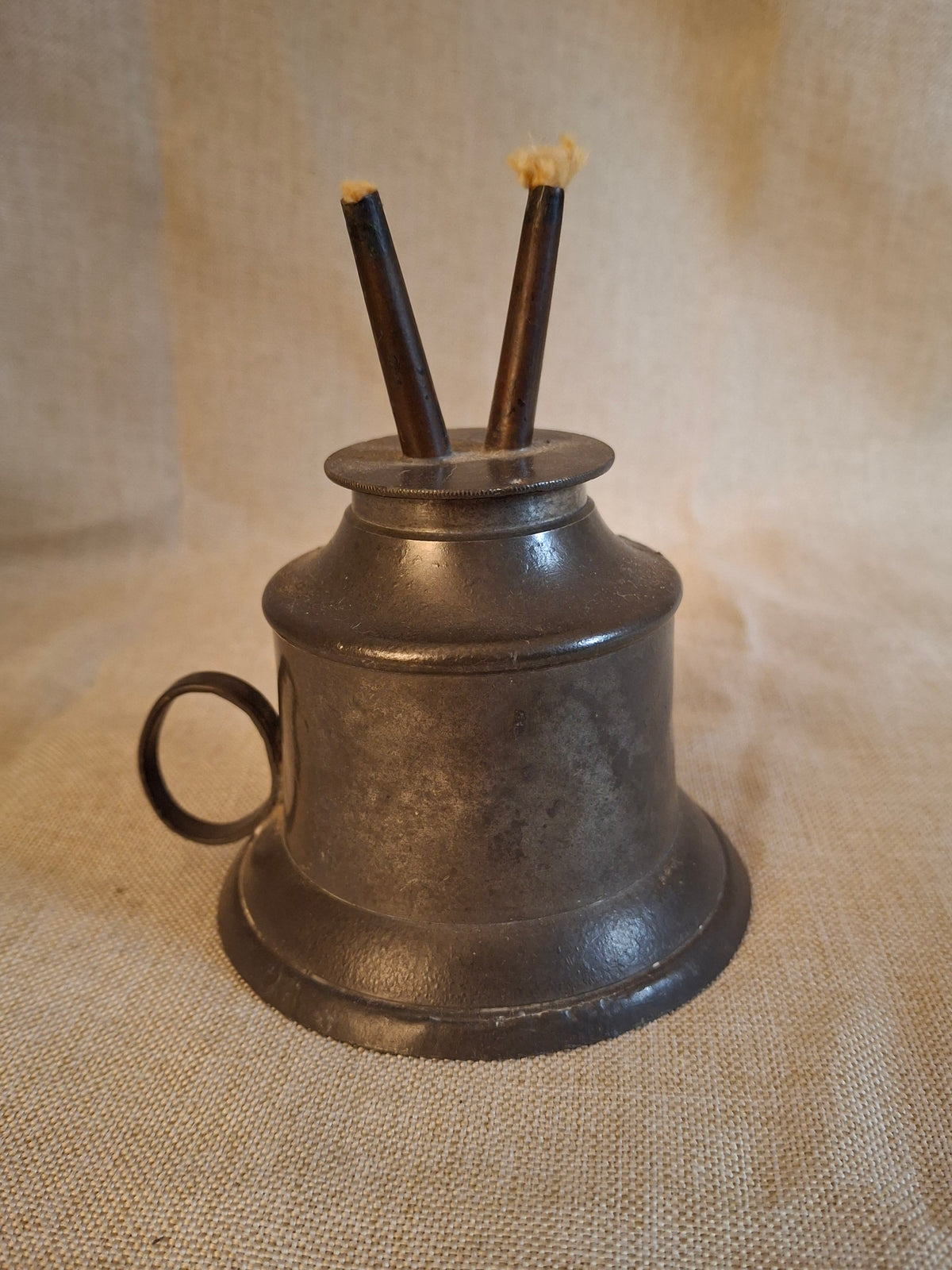 Antique 1840s Pewter Bell Finger Lamp Double Tube Camphene Whale Oil Burner 4.5"