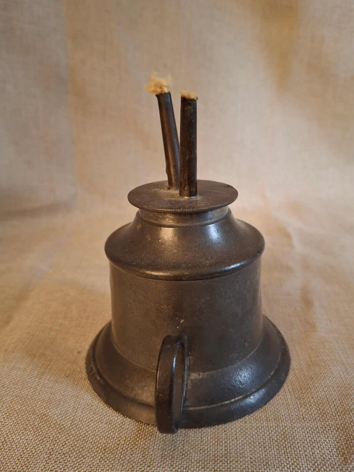 Antique 1840s Pewter Bell Finger Lamp Double Tube Camphene Whale Oil Burner 4.5"