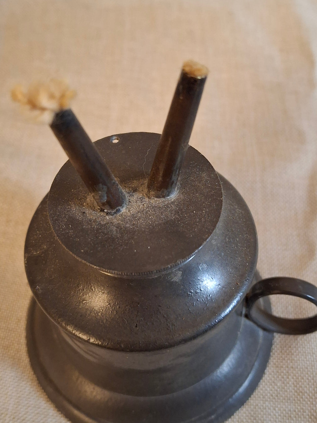 Antique 1840s Pewter Bell Finger Lamp Double Tube Camphene Whale Oil Burner 4.5"