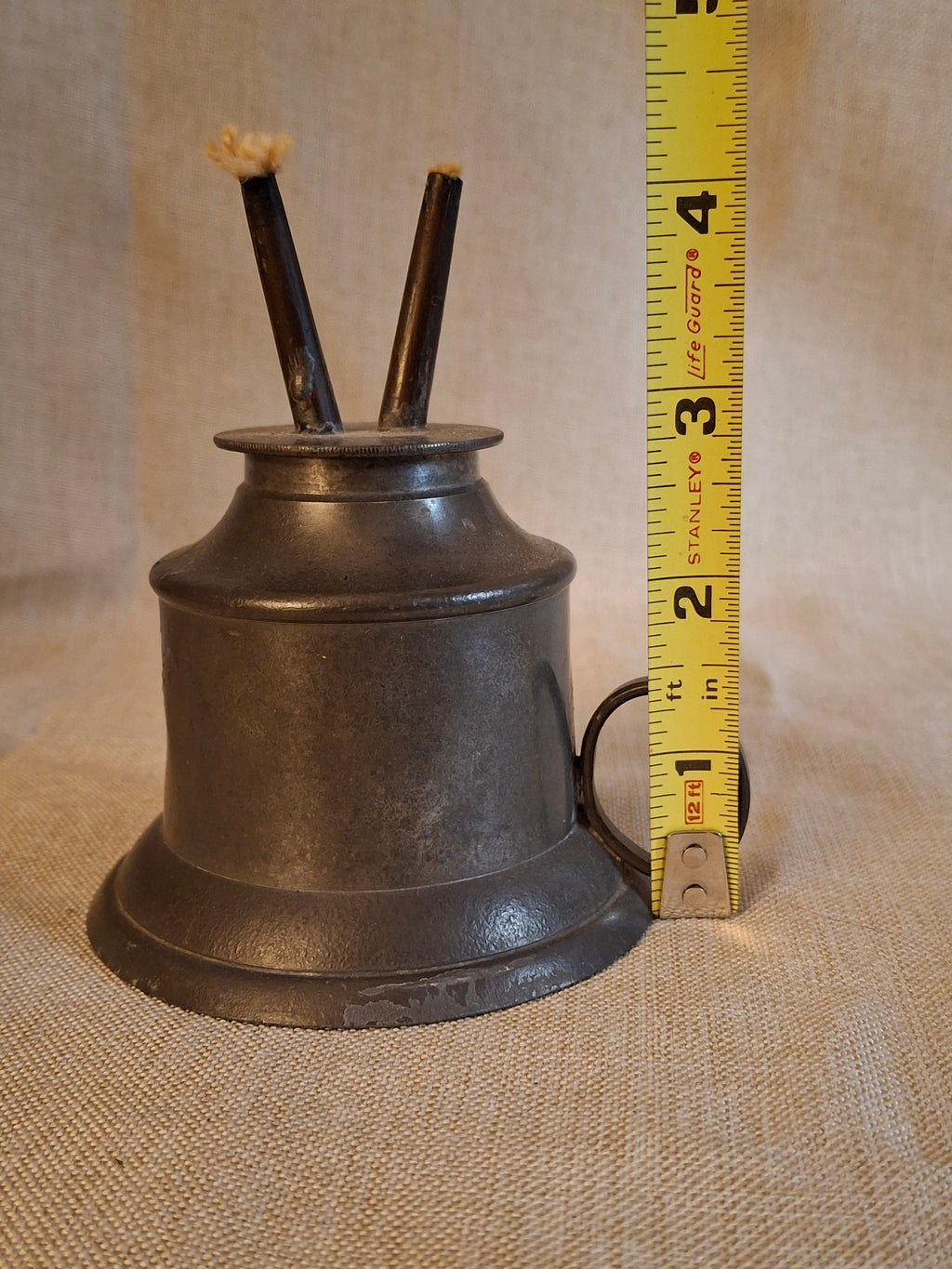 Antique 1840s Pewter Bell Finger Lamp Double Tube Camphene Whale Oil Burner 4.5"