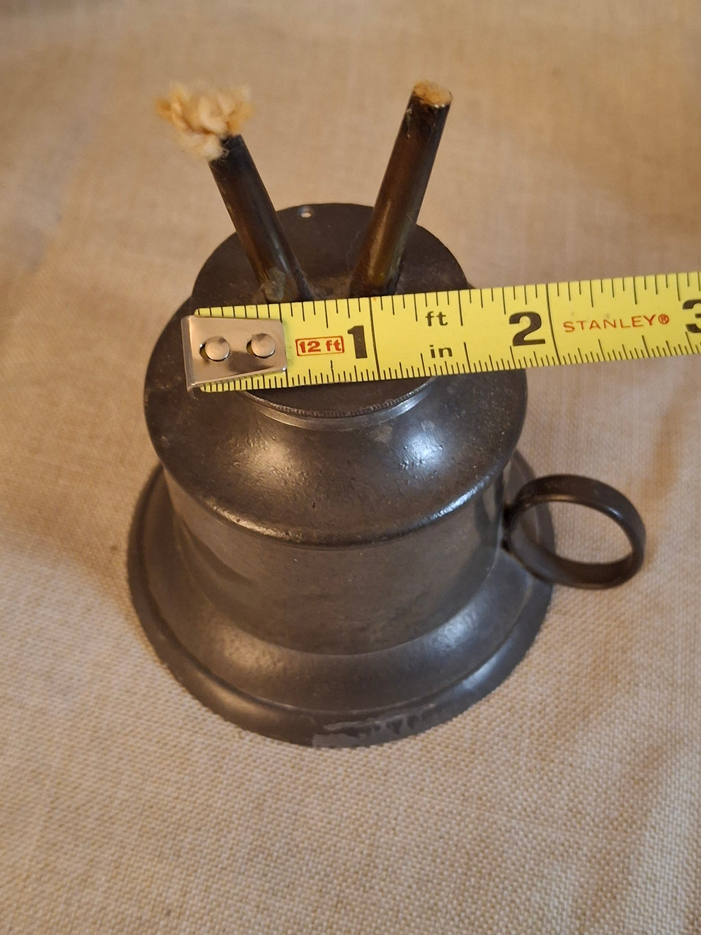 Antique 1840s Pewter Bell Finger Lamp Double Tube Camphene Whale Oil Burner 4.5"