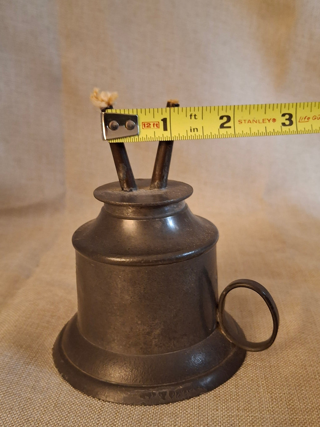 Antique 1840s Pewter Bell Finger Lamp Double Tube Camphene Whale Oil Burner 4.5"