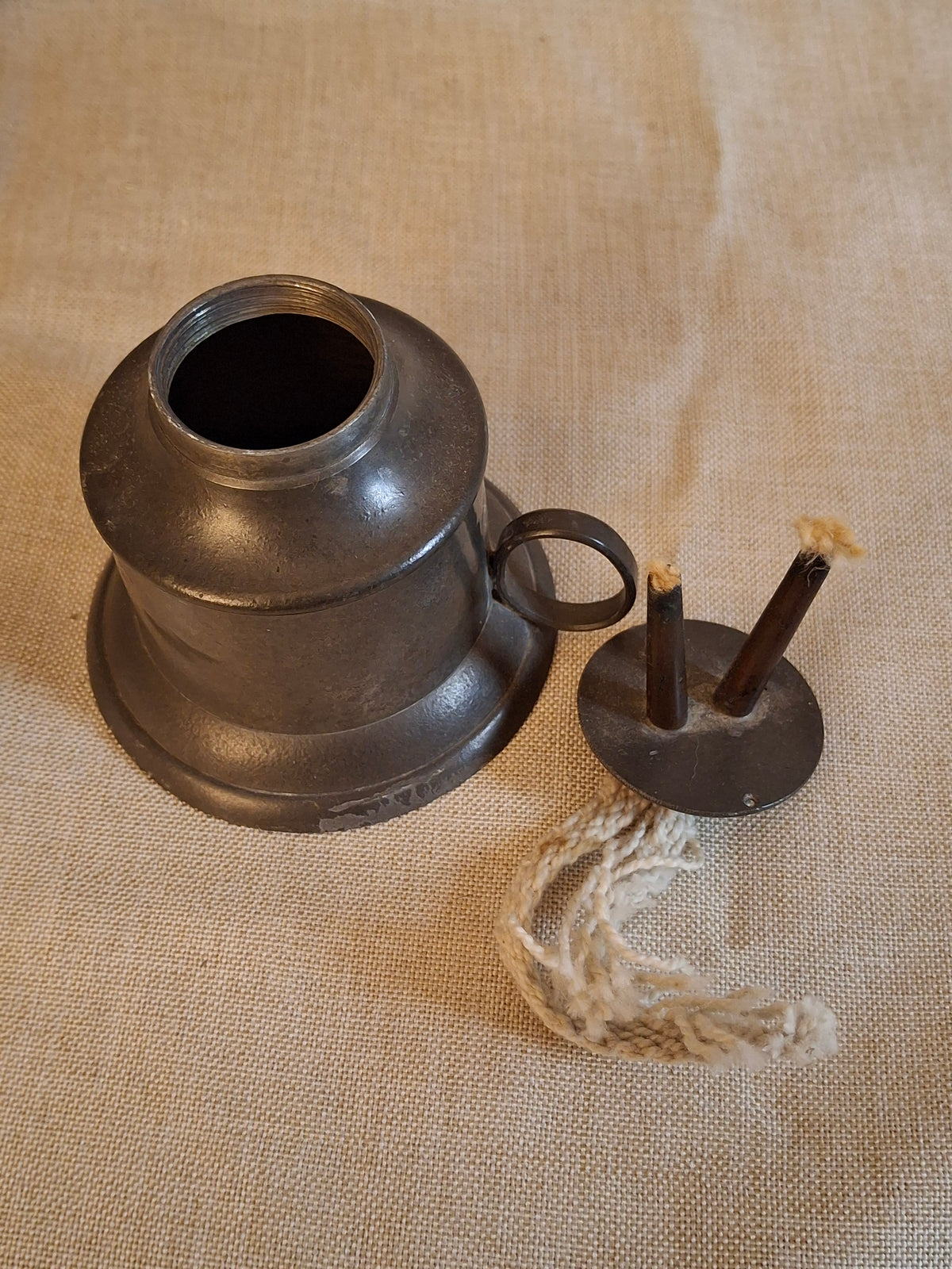 Antique 1840s Pewter Bell Finger Lamp Double Tube Camphene Whale Oil Burner 4.5"