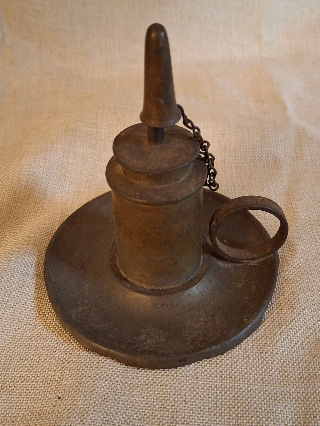 Antique Pewter Miniature Whale Oil Finger Lamp Snuffer Cap Chain Mold 33 c 1840