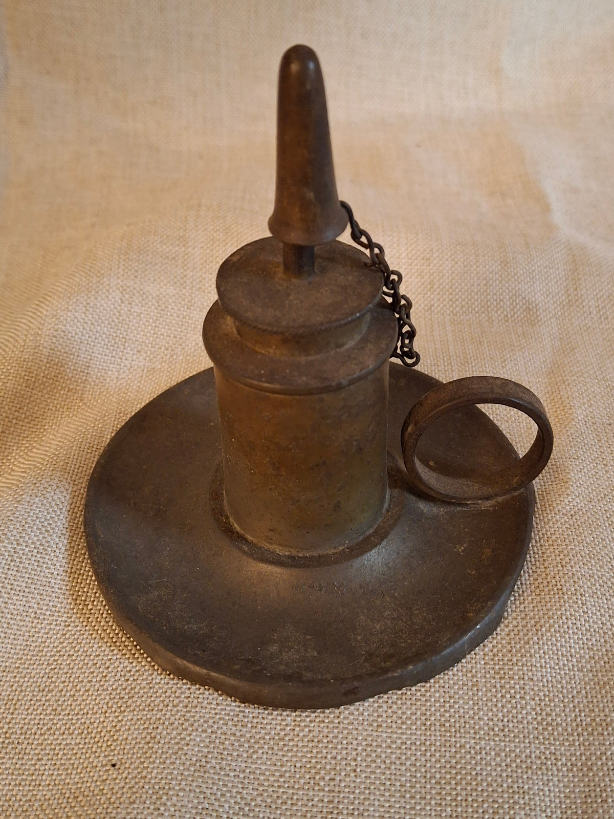 Antique Pewter Miniature Whale Oil Finger Lamp Snuffer Cap Chain Mold 33 c 1840
