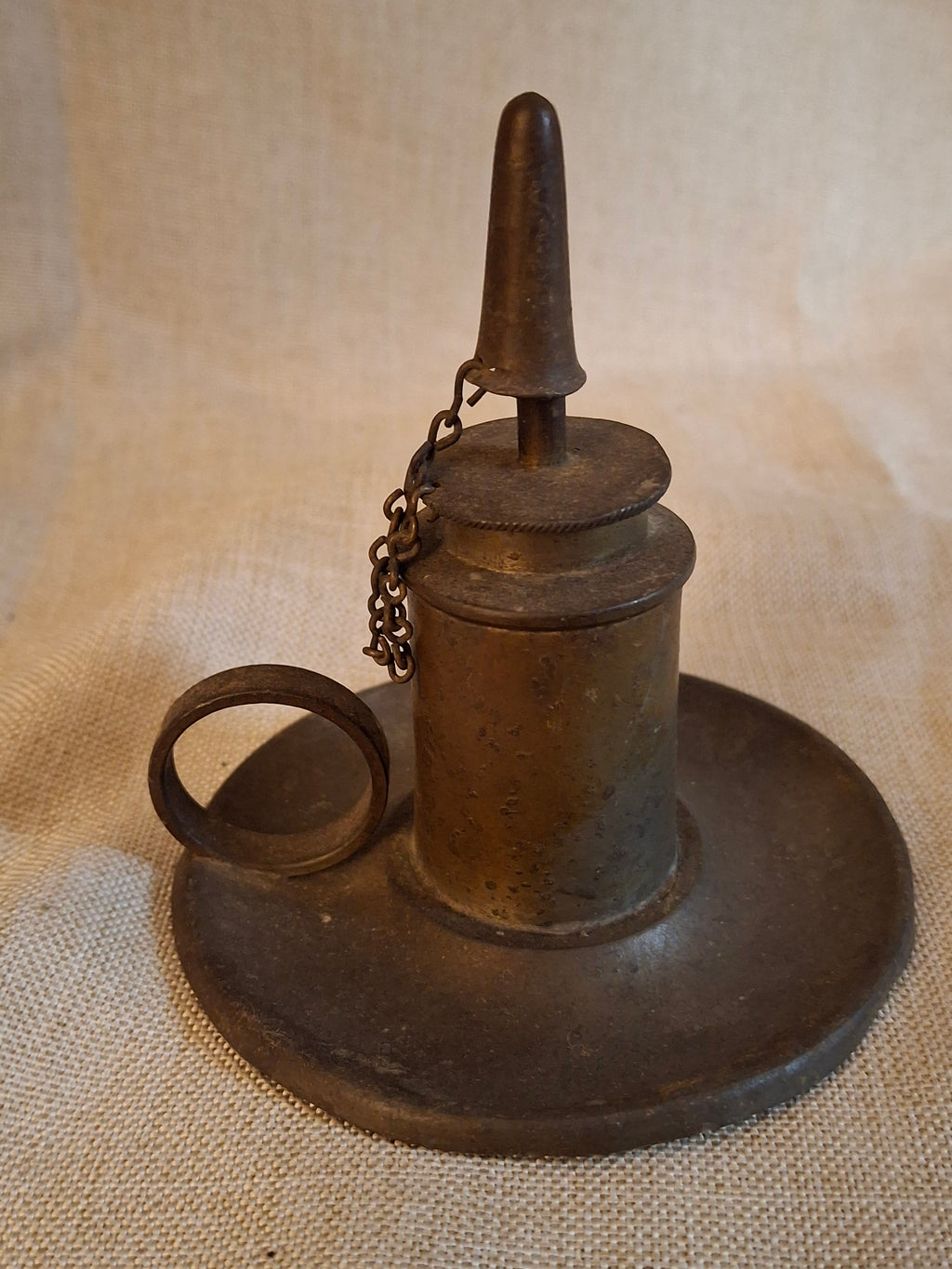 Antique Pewter Miniature Whale Oil Finger Lamp Snuffer Cap Chain Mold 33 c 1840