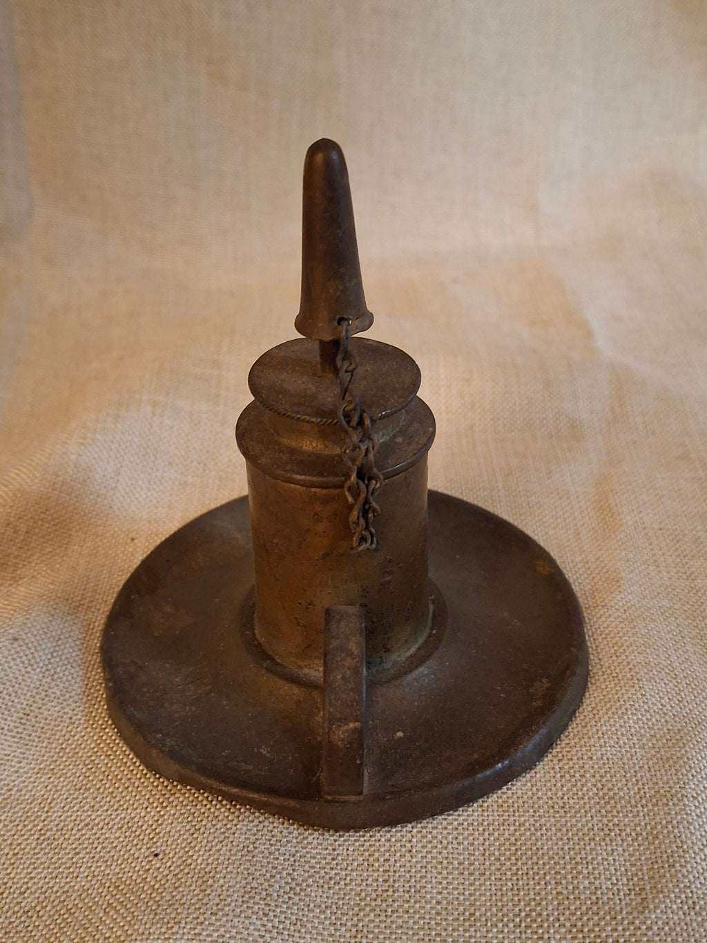Antique Pewter Miniature Whale Oil Finger Lamp Snuffer Cap Chain Mold 33 c 1840