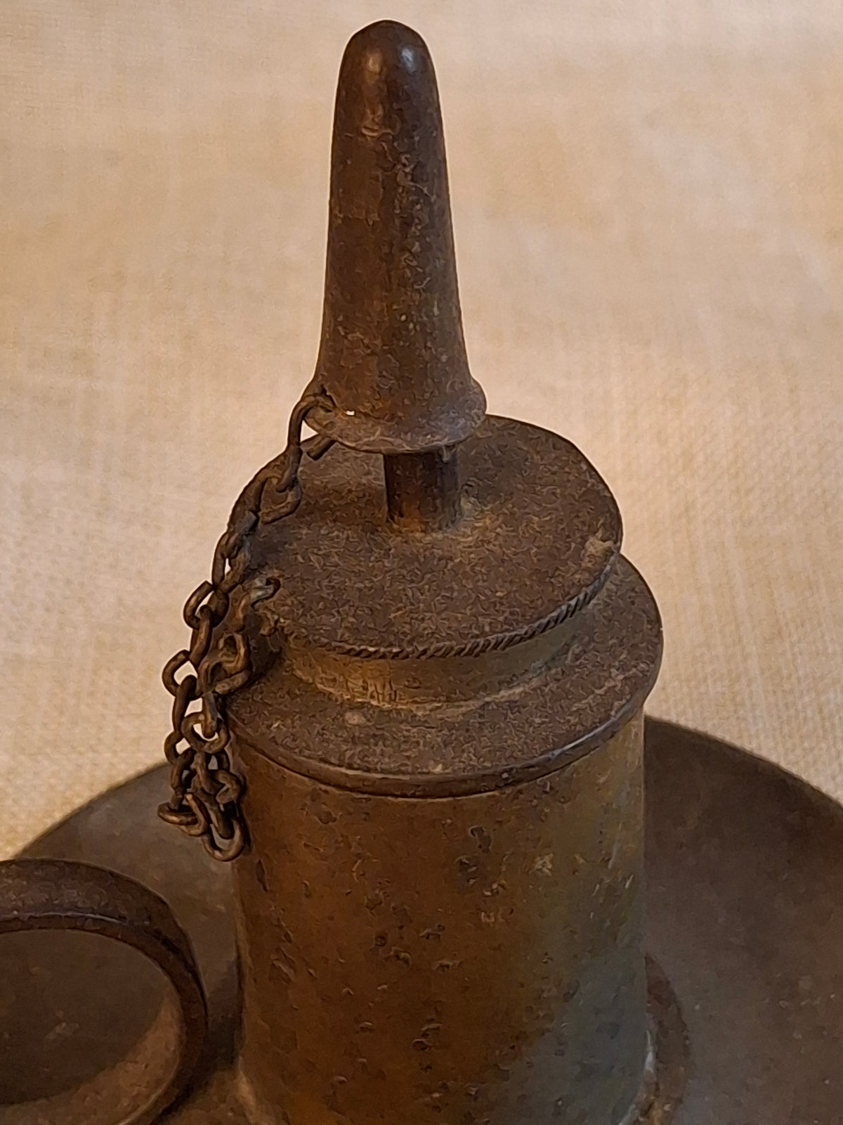 Antique Pewter Miniature Whale Oil Finger Lamp Snuffer Cap Chain Mold 33 c 1840