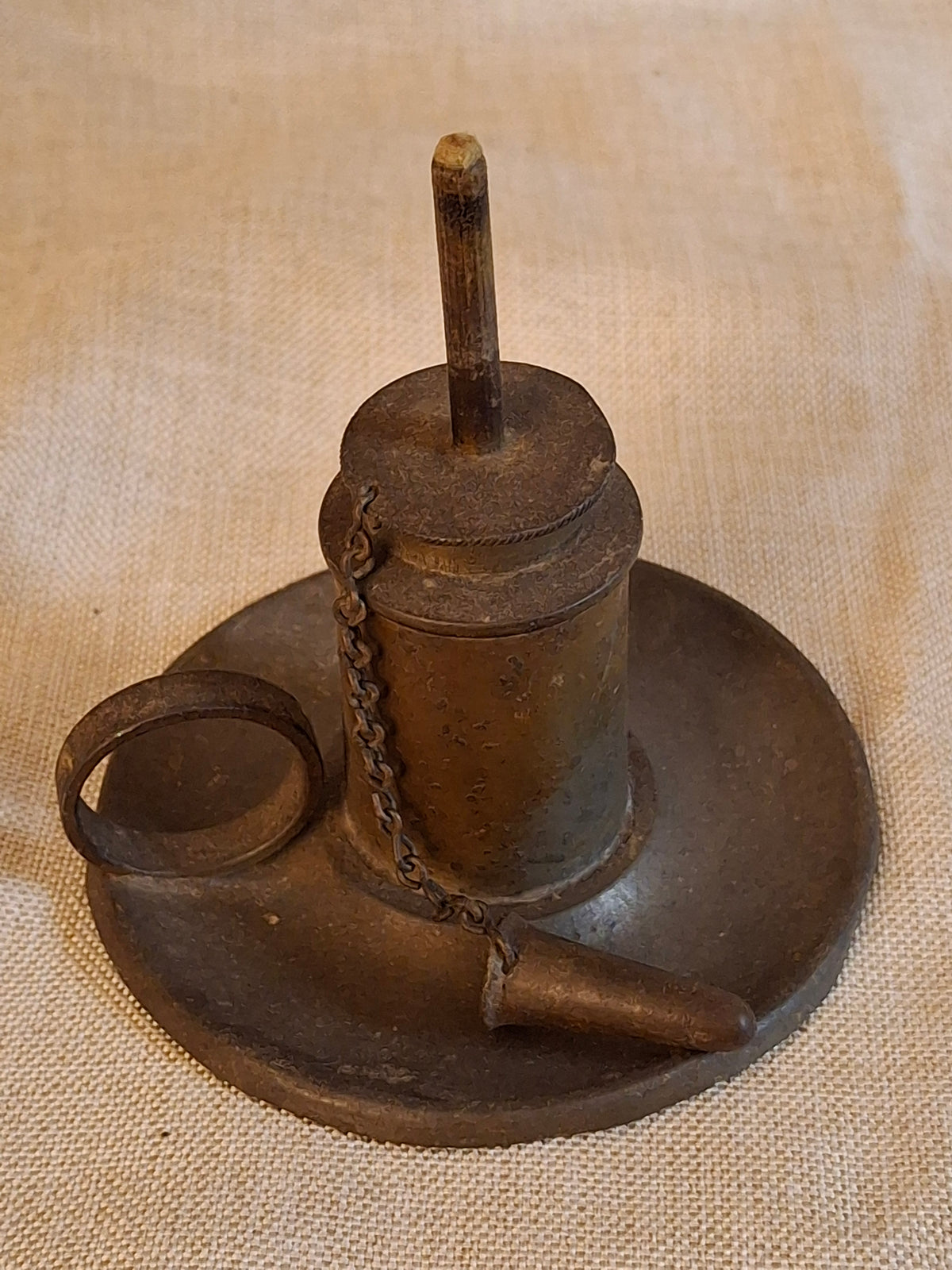 Antique Pewter Miniature Whale Oil Finger Lamp Snuffer Cap Chain Mold 33 c 1840