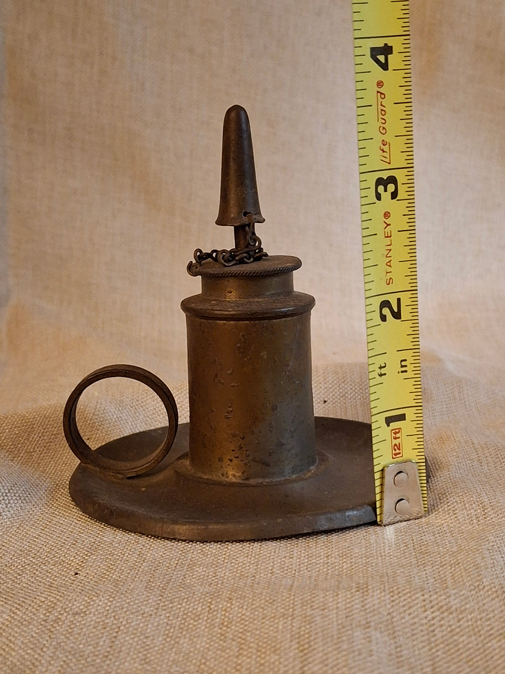 Antique Pewter Miniature Whale Oil Finger Lamp Snuffer Cap Chain Mold 33 c 1840