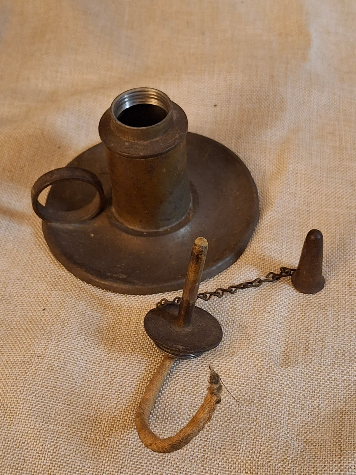 Antique Pewter Miniature Whale Oil Finger Lamp Snuffer Cap Chain Mold 33 c 1840