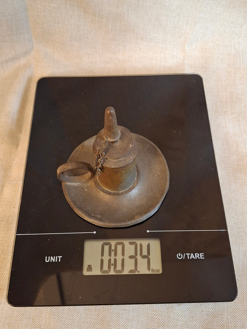 Antique Pewter Miniature Whale Oil Finger Lamp Snuffer Cap Chain Mold 33 c 1840