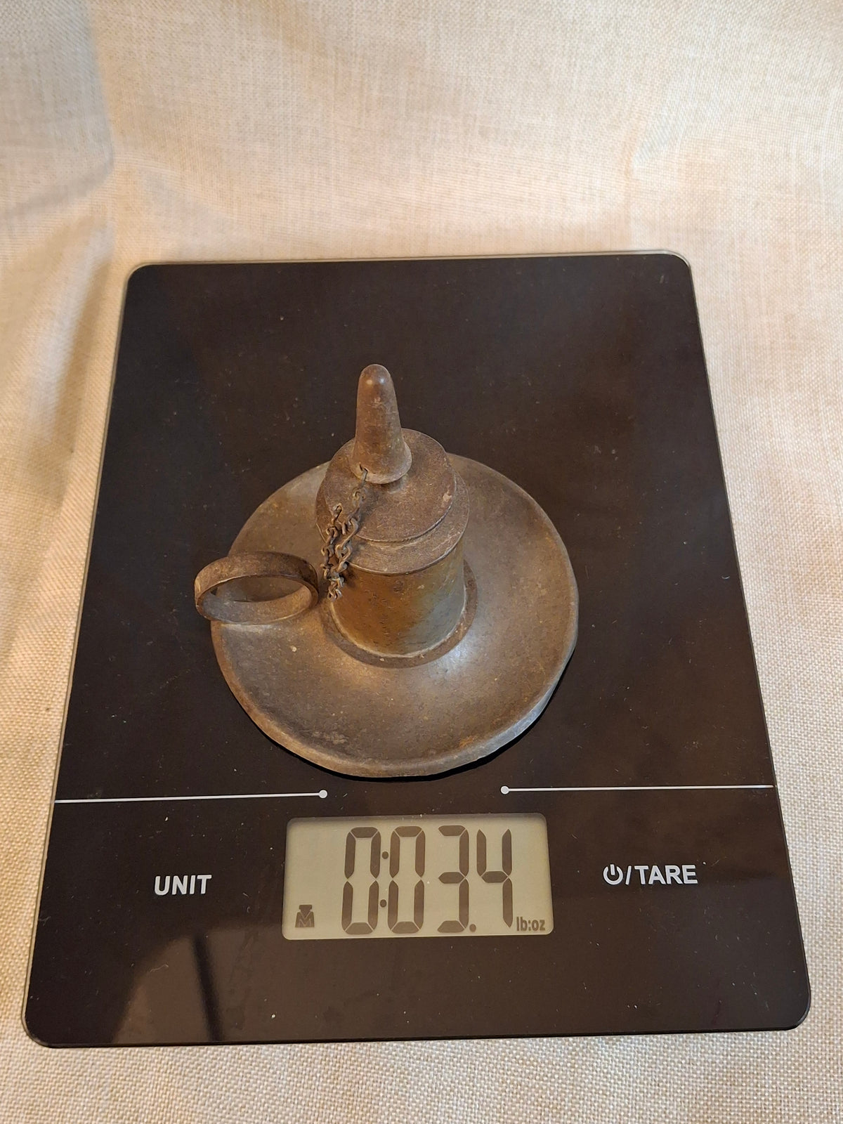 Antique Pewter Miniature Whale Oil Finger Lamp Snuffer Cap Chain Mold 33 c 1840