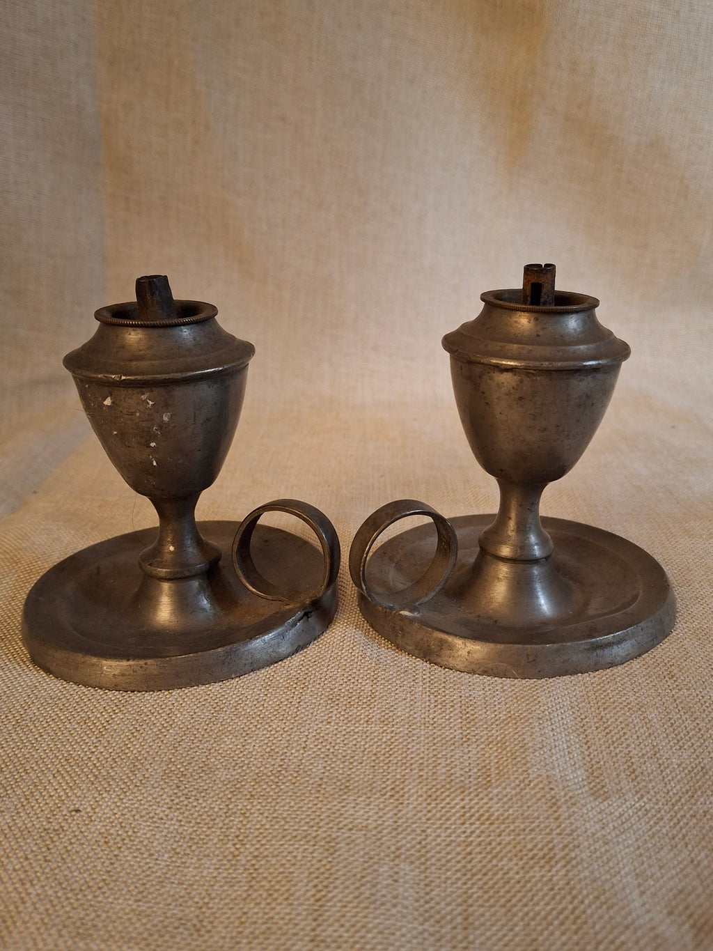 Pair Antique Miniature Pewter Whale Oil Finger Lamps Single Tube Burners c. 1830-1850
