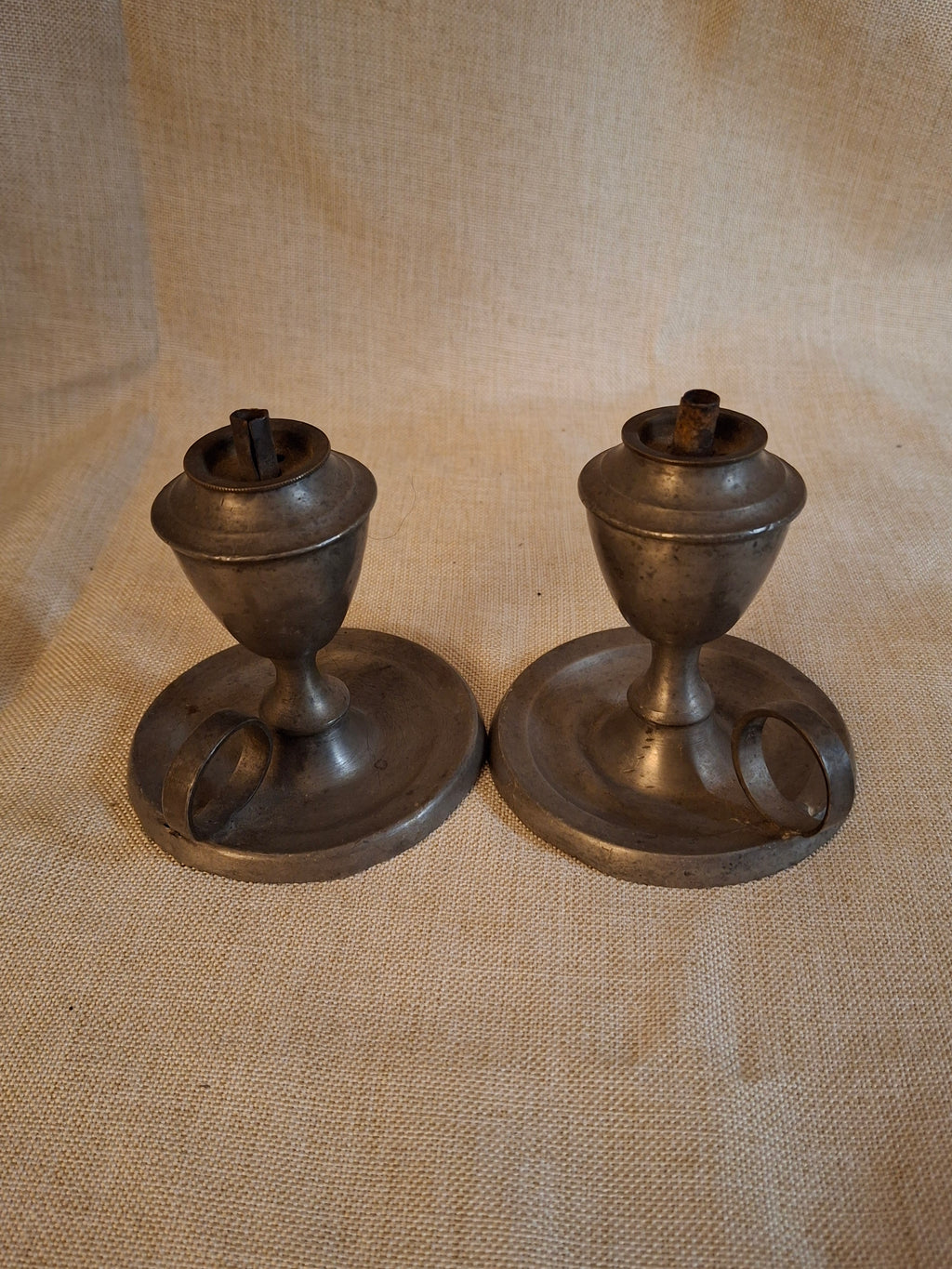 Pair Antique Miniature Pewter Whale Oil Finger Lamps Single Tube Burners c. 1830-1850
