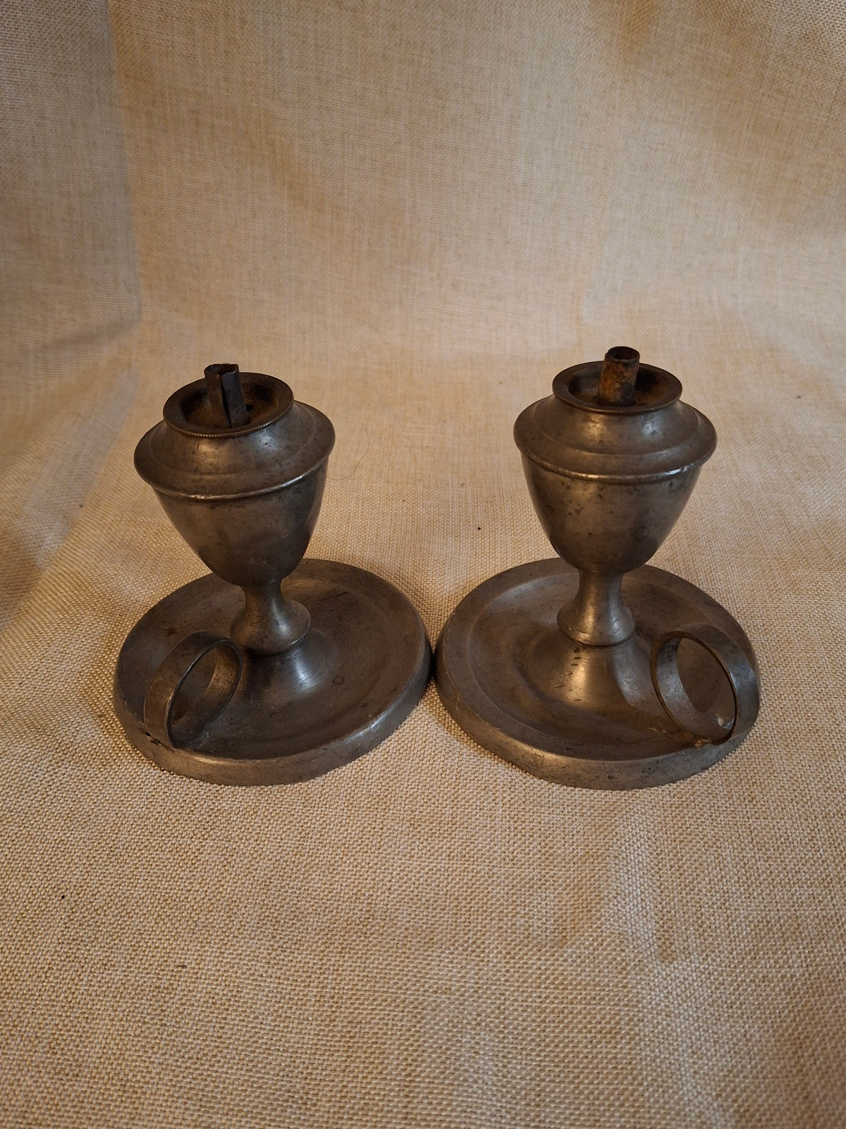 Pair Antique Miniature Pewter Whale Oil Finger Lamps Single Tube Burners c. 1830-1850