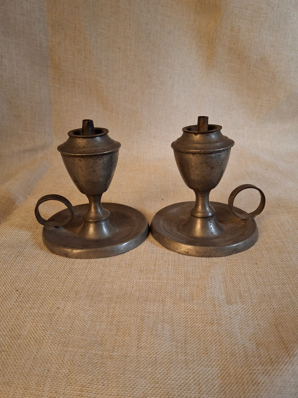 Pair Antique Miniature Pewter Whale Oil Finger Lamps Single Tube Burners c. 1830-1850