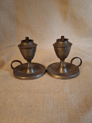 Pair Antique Miniature Pewter Whale Oil Finger Lamps Single Tube Burners c. 1830-1850