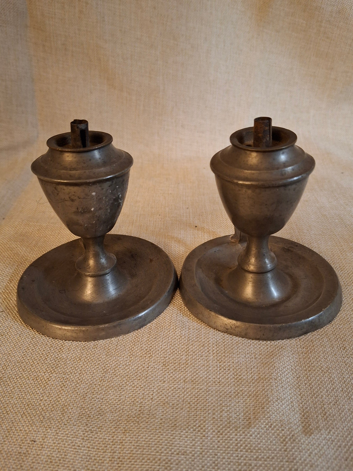 Pair Antique Miniature Pewter Whale Oil Finger Lamps Single Tube Burners c. 1830-1850