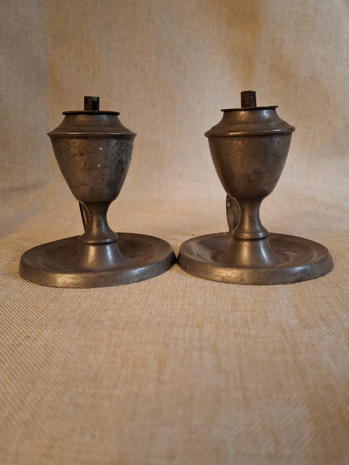 Pair Antique Miniature Pewter Whale Oil Finger Lamps Single Tube Burners c. 1830-1850