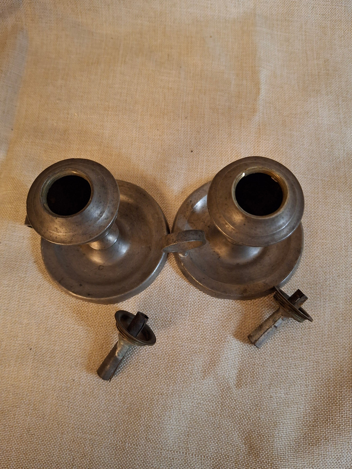 Pair Antique Miniature Pewter Whale Oil Finger Lamps Single Tube Burners c. 1830-1850