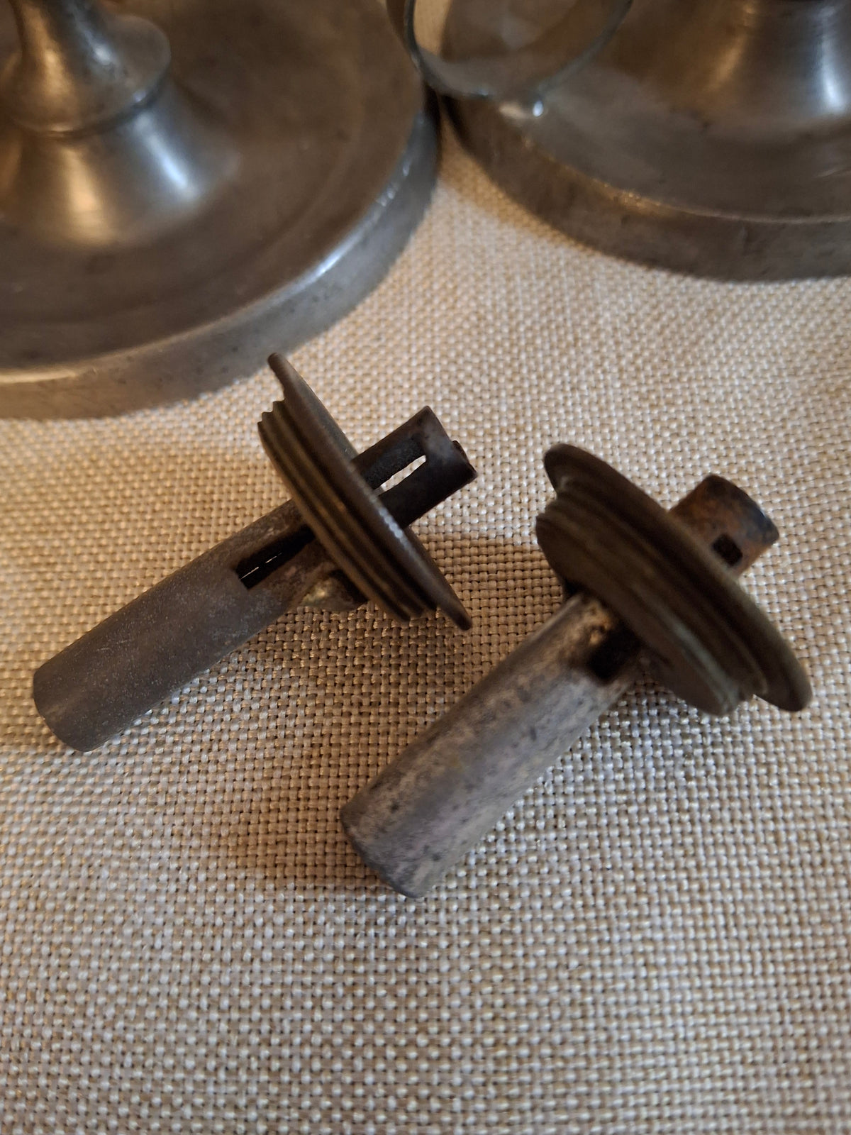 Pair Antique Miniature Pewter Whale Oil Finger Lamps Single Tube Burners c. 1830-1850