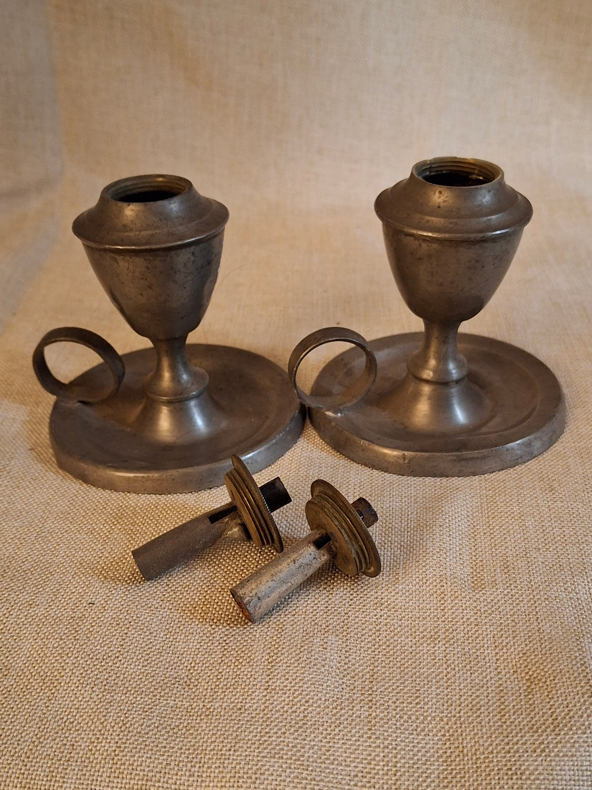 Pair Antique Miniature Pewter Whale Oil Finger Lamps Single Tube Burners c. 1830-1850