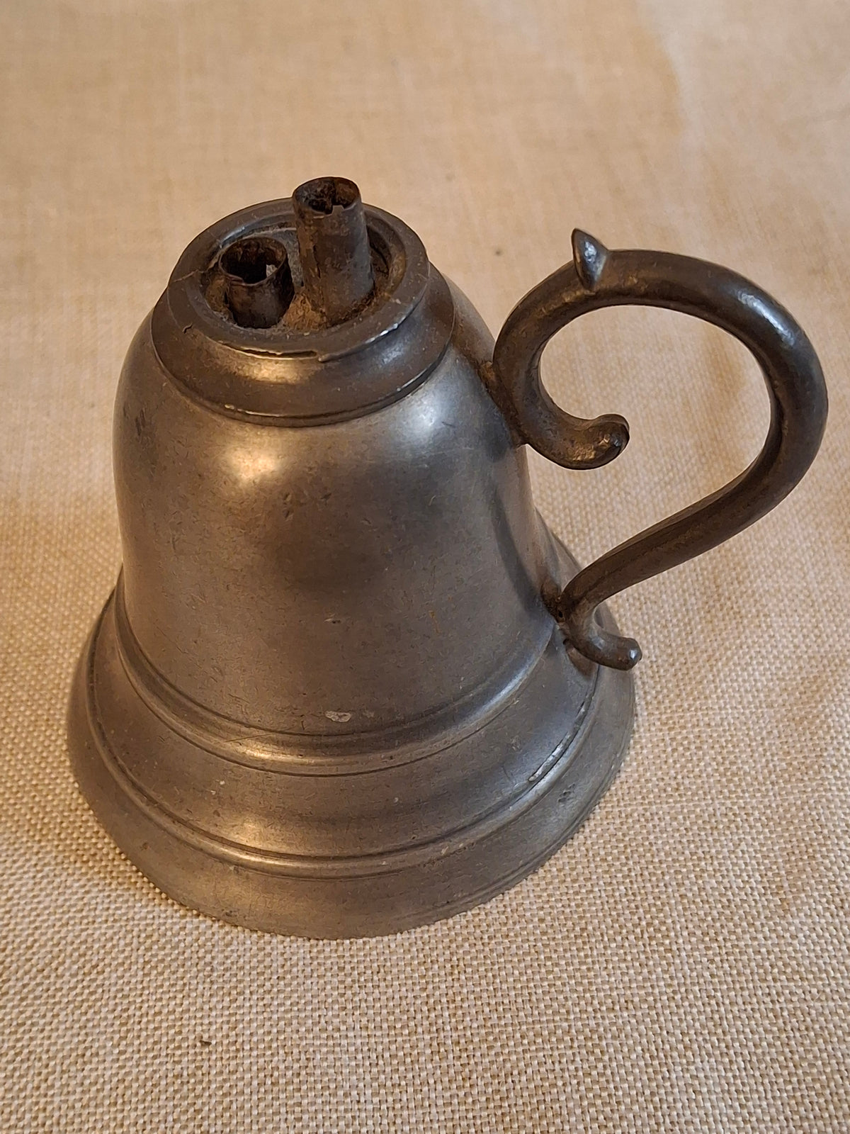 Antique Pewter Bell Whale Oil Lamp Double Tube Burner Scroll Handle c. 1830s
