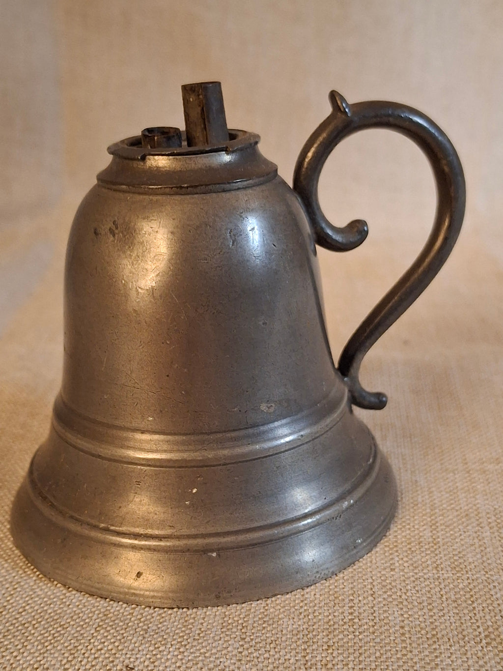 Antique Pewter Bell Whale Oil Lamp Double Tube Burner Scroll Handle c. 1830s
