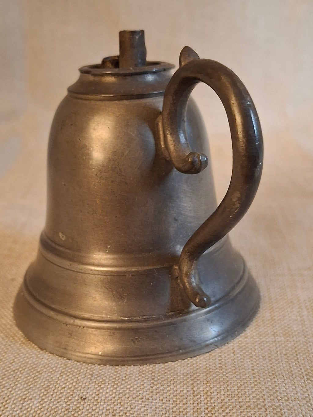 Antique Pewter Bell Whale Oil Lamp Double Tube Burner Scroll Handle c. 1830s