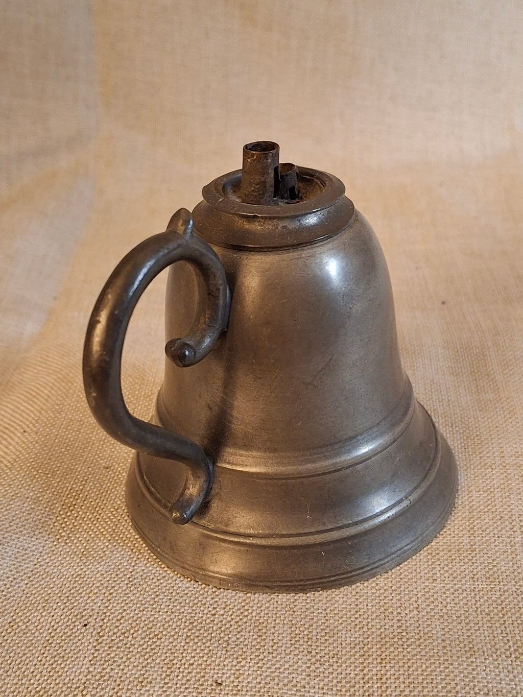 Antique Pewter Bell Whale Oil Lamp Double Tube Burner Scroll Handle c. 1830s