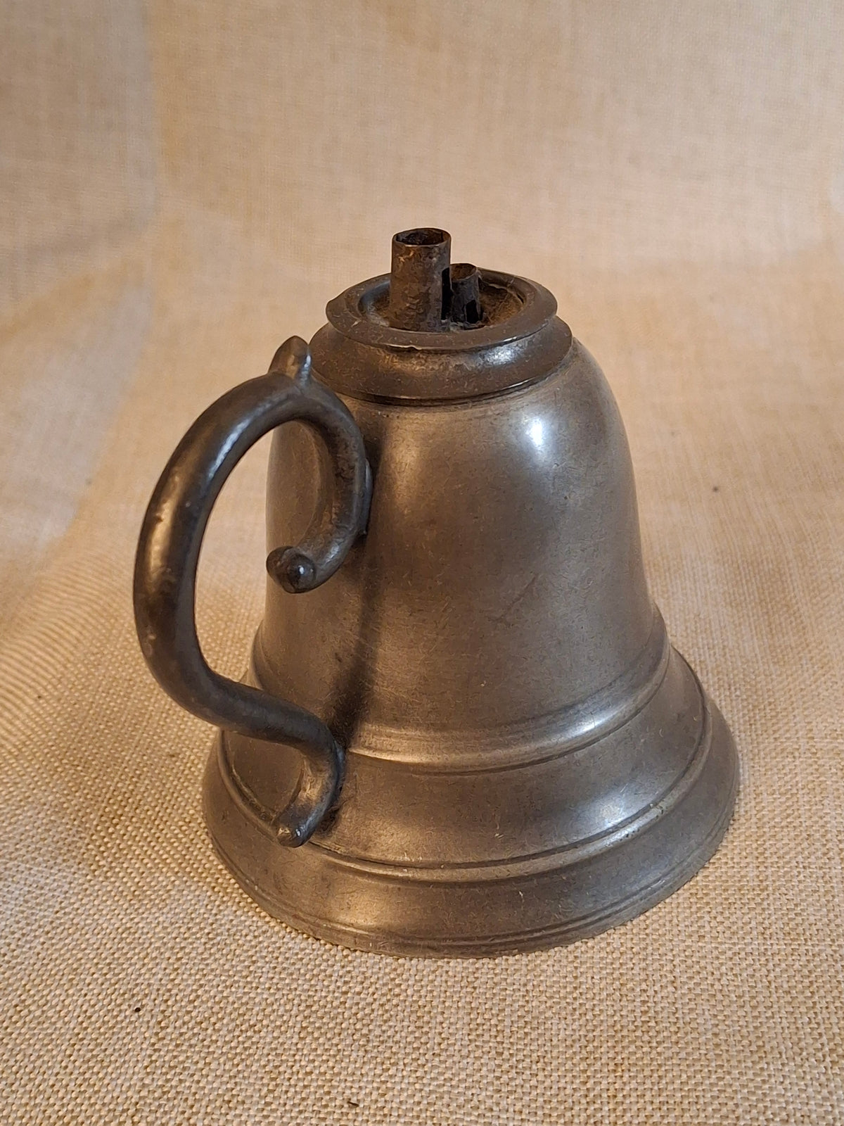 Antique Pewter Bell Whale Oil Lamp Double Tube Burner Scroll Handle c. 1830s