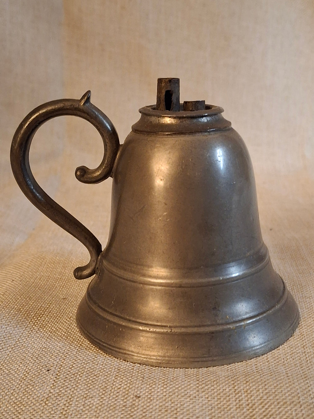 Antique Pewter Bell Whale Oil Lamp Double Tube Burner Scroll Handle c. 1830s